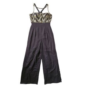 Vintage Fleur Di Lis Black Embellished Sequined Silk Wide Leg Jumpsuit Size 12